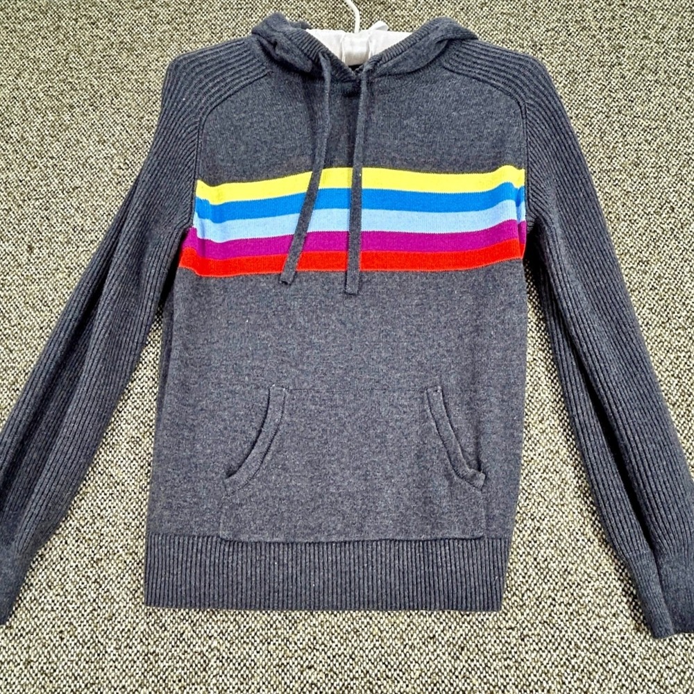 Style & Co Women's Small Gray Rainbow Stripe Hooded Knit Sweater Pullover